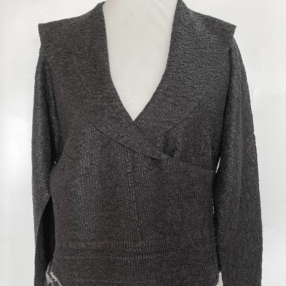 New Anne Fontaine France Black Crinkled Shawl Collar Crossbody Blouse Size L